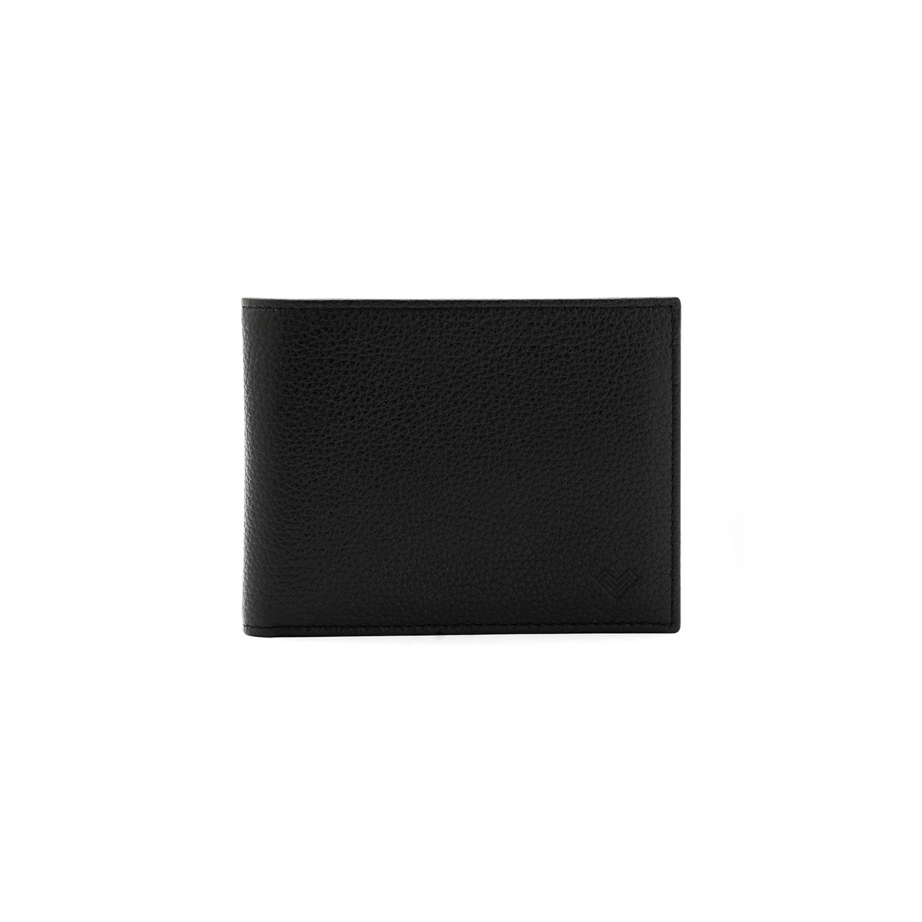Mario Valentino black grained leather wallet with embossed MV logo, slim silhouette and refined design. Made in Italy.