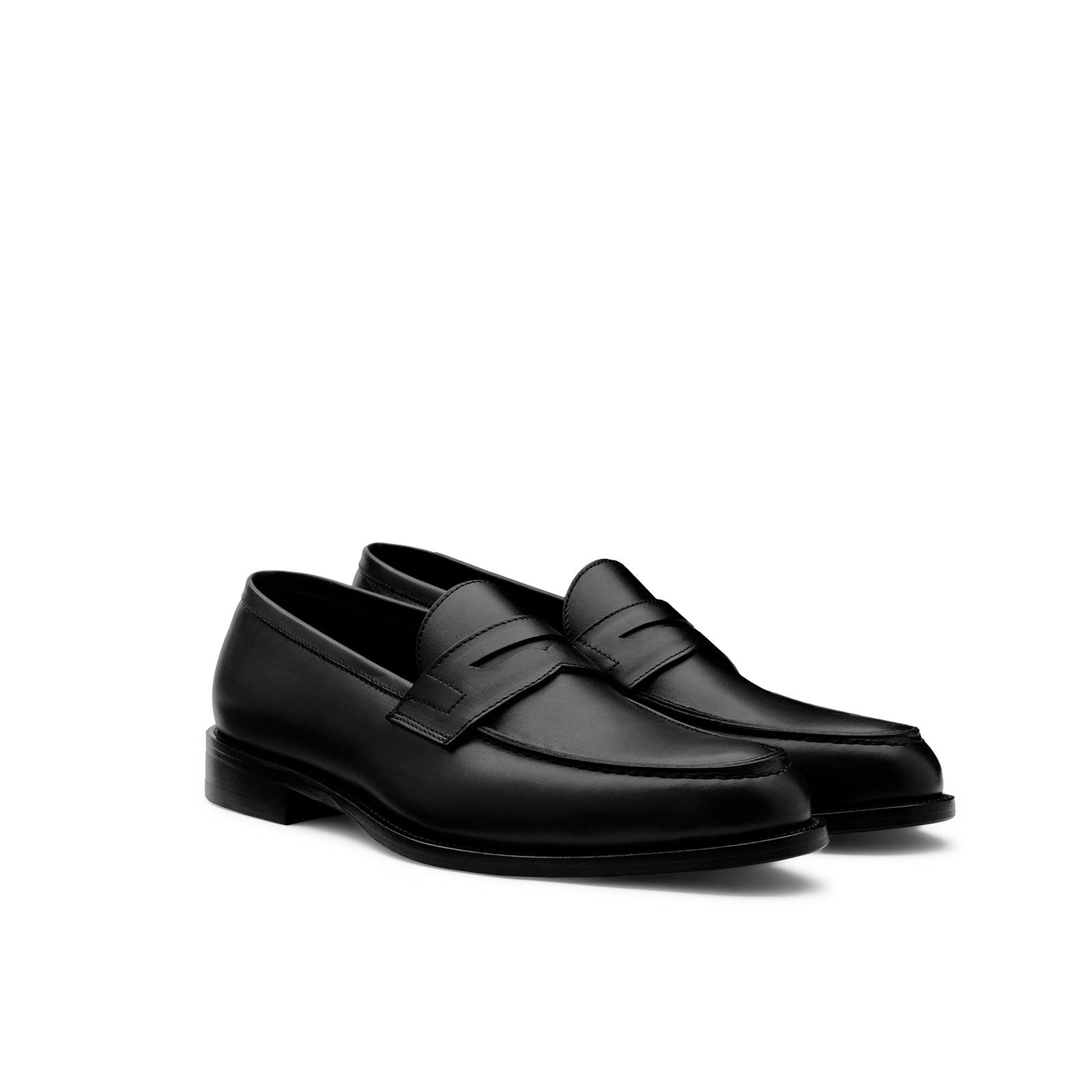 Black leather penny loafers 3/4 angle view Italian craftsmanship