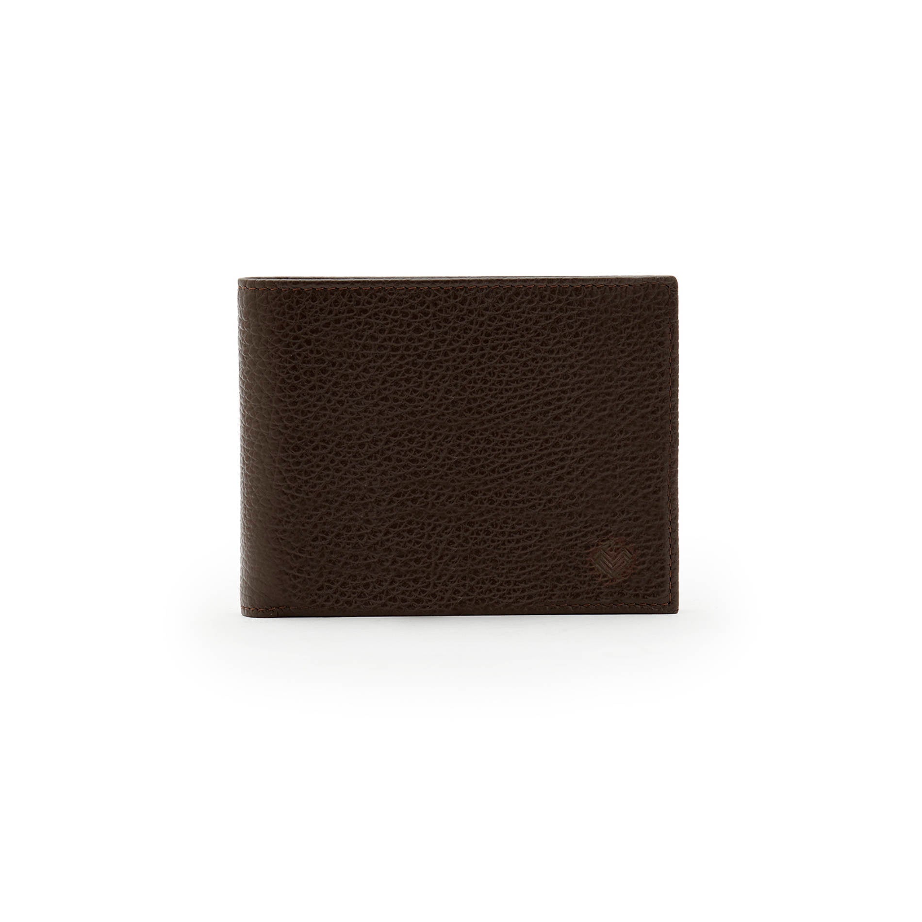 Mario Valentino dark brown grained leather wallet with embossed MV logo, slim silhouette and refined design. Made in Italy.