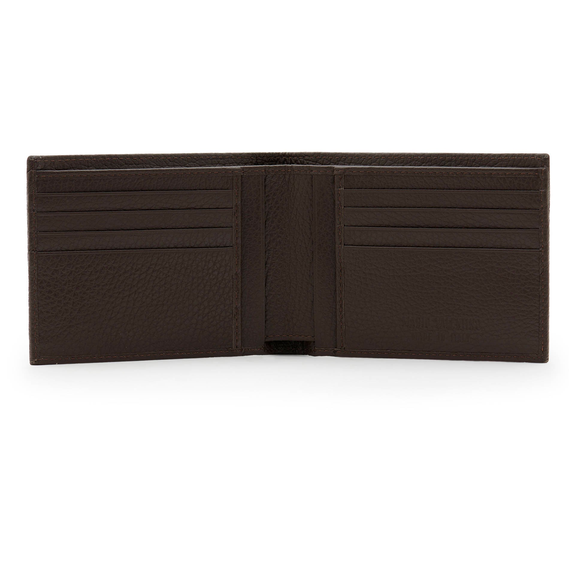 Interior view of Mario Valentino leather wallet with card slots, compartments and clean, structured layout.