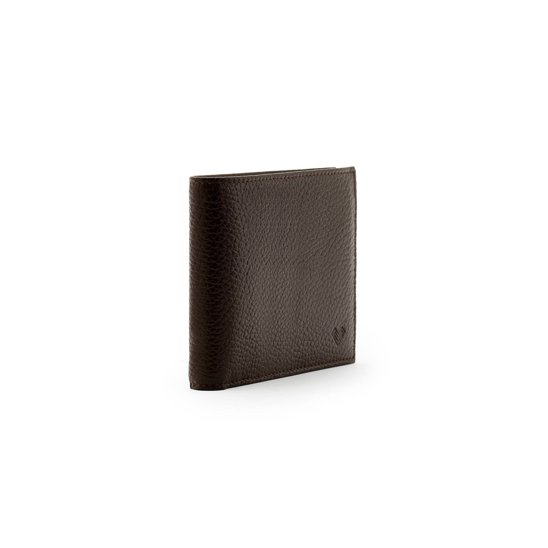 Side view of Mario Valentino dark brown grained leather wallet with slim silhouette and refined finish.
