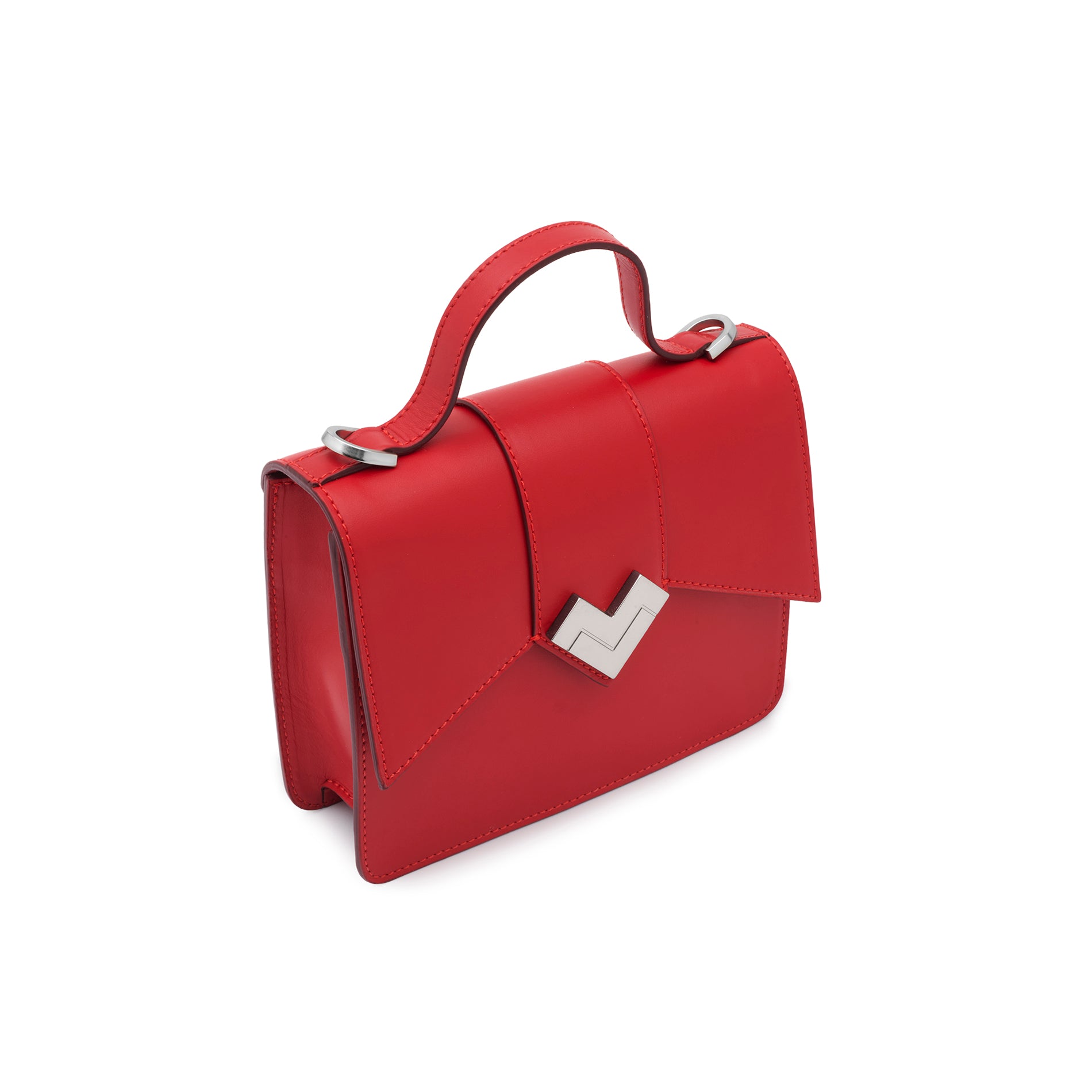 Mario Valentino mini top-handle bag in red smooth calf leather featuring a silver-finish MV logo. Made in Italy