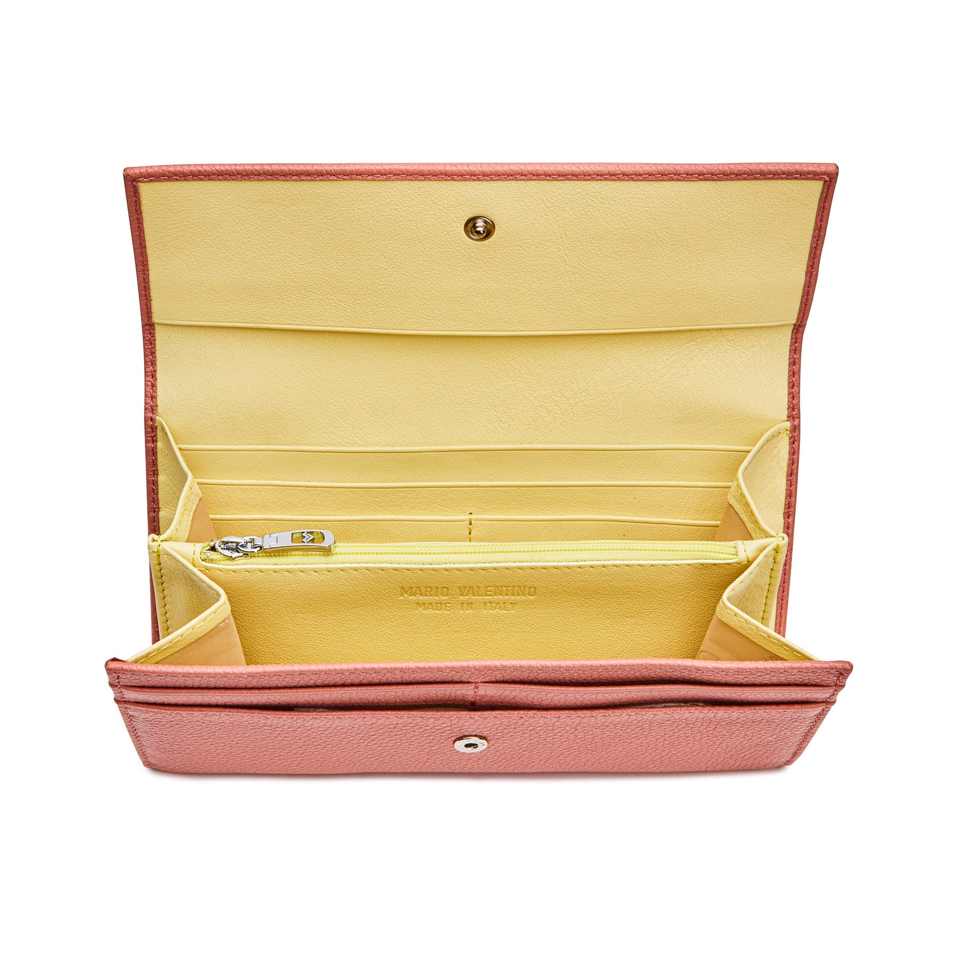 Interior of Mario Valentino envelope wallet featuring pale yellow leather lining, zip coin pocket, card slots and structured compartments