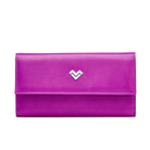 Purple calfskin envelope wallet by Mario Valentino with metal MV logo and structured flap closure, elegant luxury design