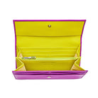 Interior of purple calfskin envelope wallet by Mario Valentino featuring vibrant multicolor lining, zip coin pocket, structured compartments and refined leather finish