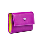 Side profile of purple calfskin envelope wallet with multicolor interior panels and compact structured silhouette