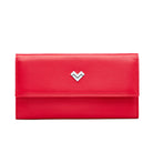 Red calfskin leather envelope wallet by Mario Valentino featuring snap closure, card slots, banknote compartments and zip coin pocket. Multicolor interior and MV metal logo. Made in Italy.