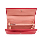 Mario Valentino red calfskin envelope wallet interior with pink leather lining, zip coin pocket, multiple card slots and bill compartments, Made in Italy
