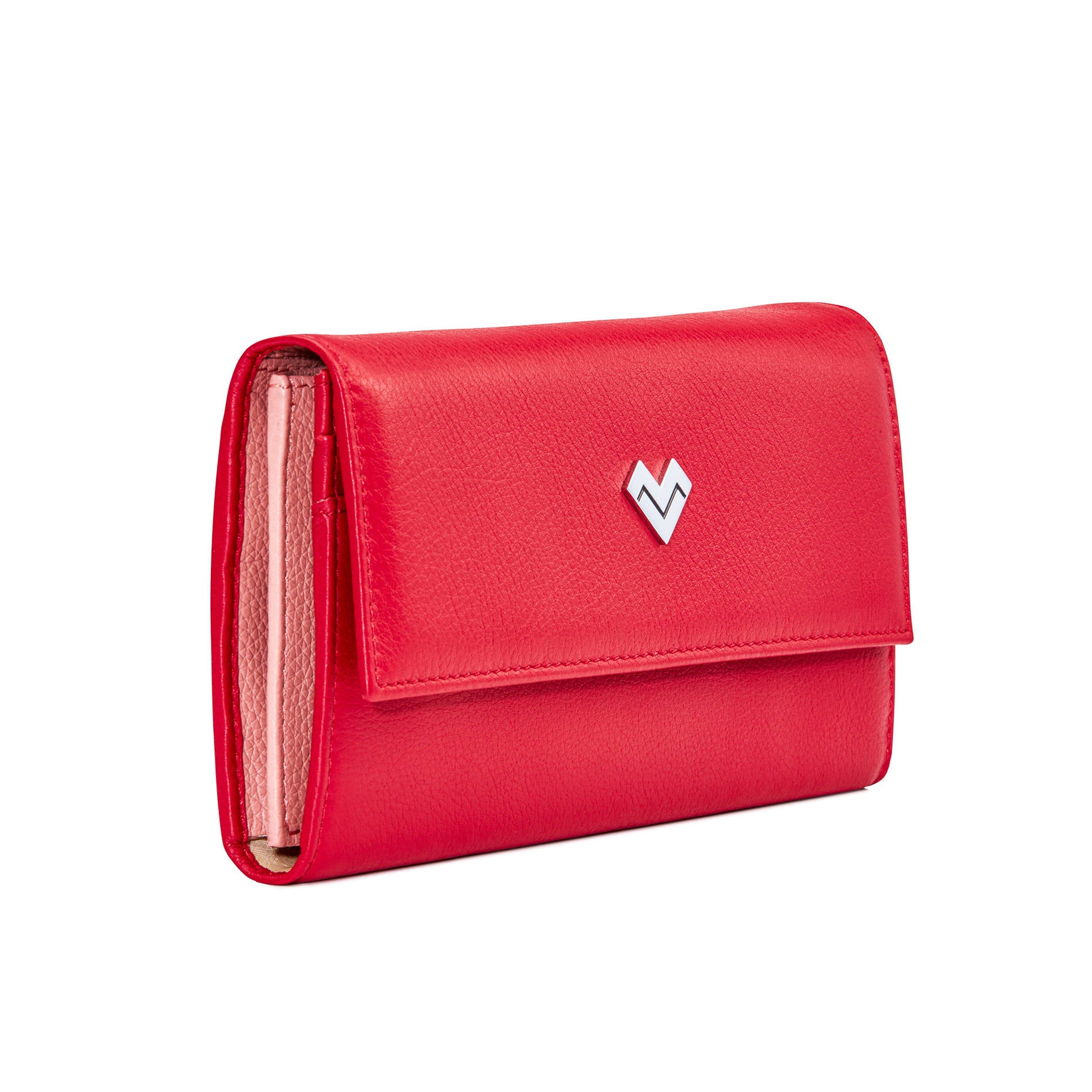 Side profile of Mario Valentino red calfskin envelope wallet with contrasting pink interior, structured design and compact silhouette, Made in Italy