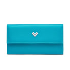 Turquoise calfskin envelope wallet by Mario Valentino with metal MV logo and flap closure, compact luxury design