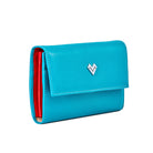 Side view of turquoise leather envelope wallet with structured silhouette and contrasting red interior panels