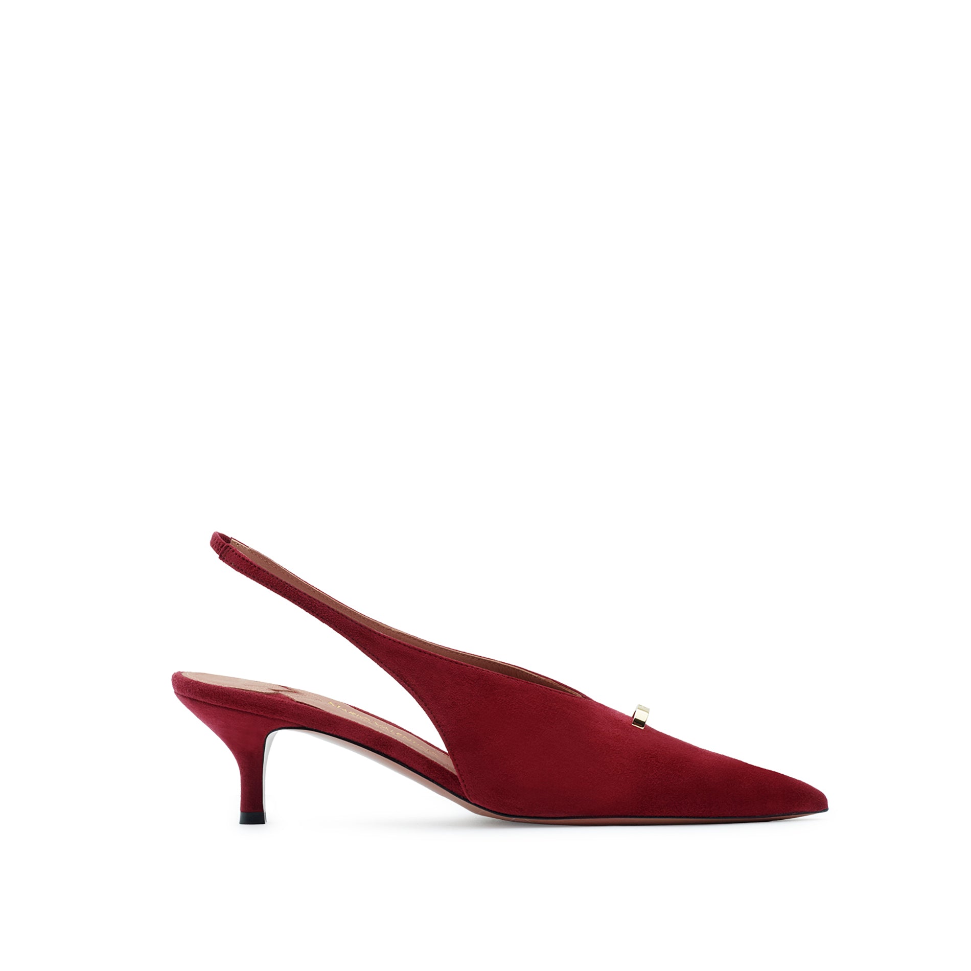 Burgundy suede slingback pumps with pointed toe and kitten heel by Mario Valentino