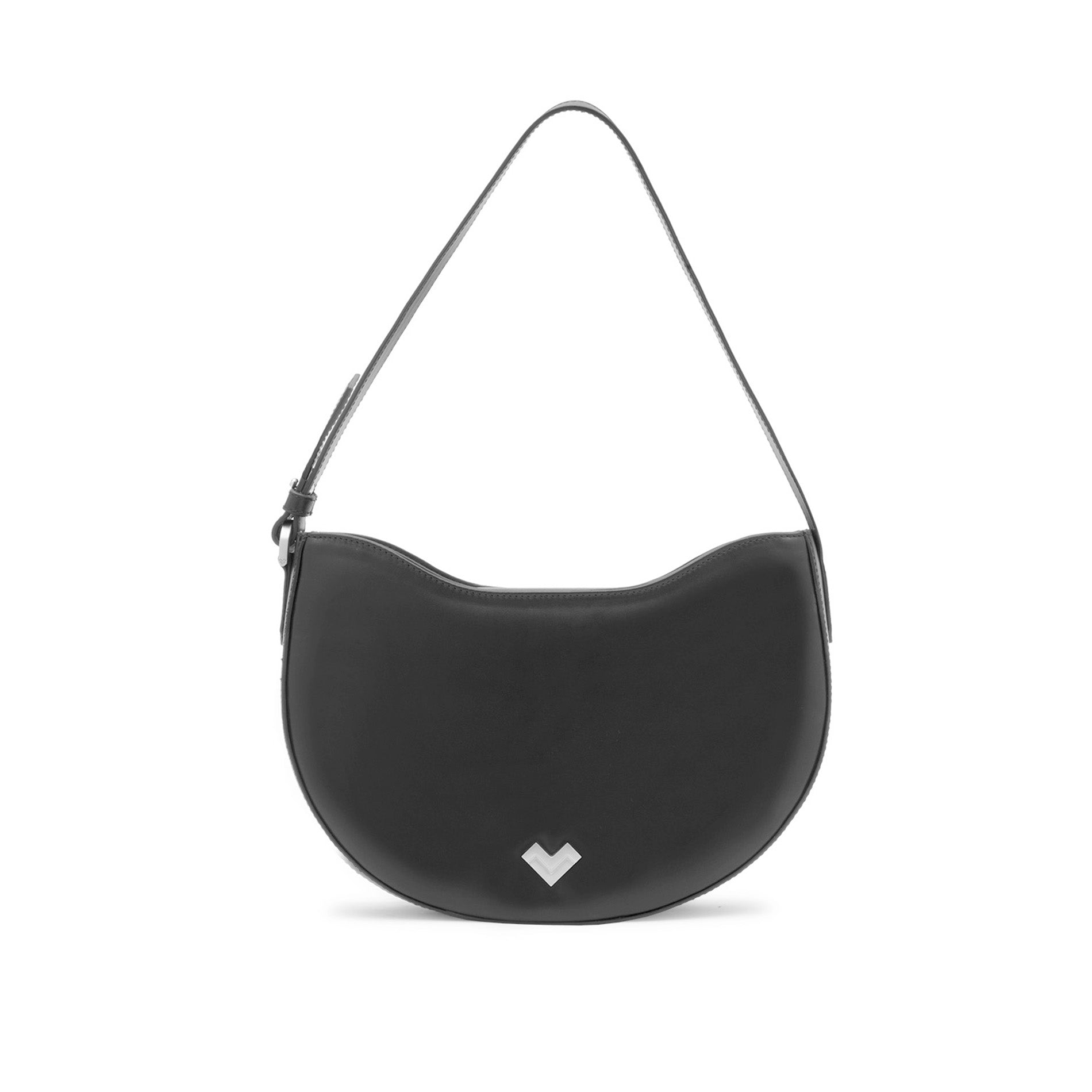 Front view of a black leather hobo bag with curved silhouette and silver-tone MV logo