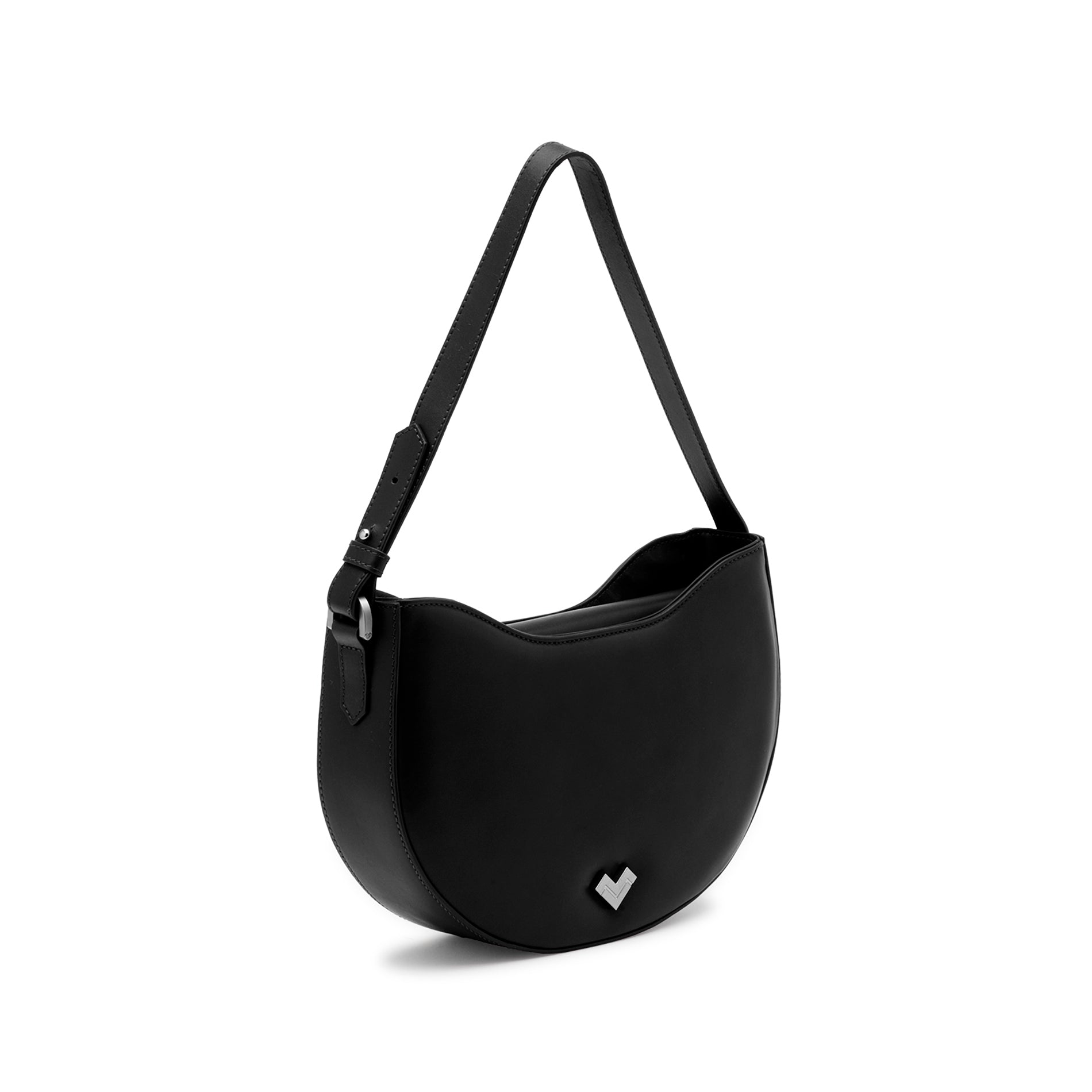 Soft silhouette and clean lines define this Mario Valentino hobo bag in black leather with metallic logo detail