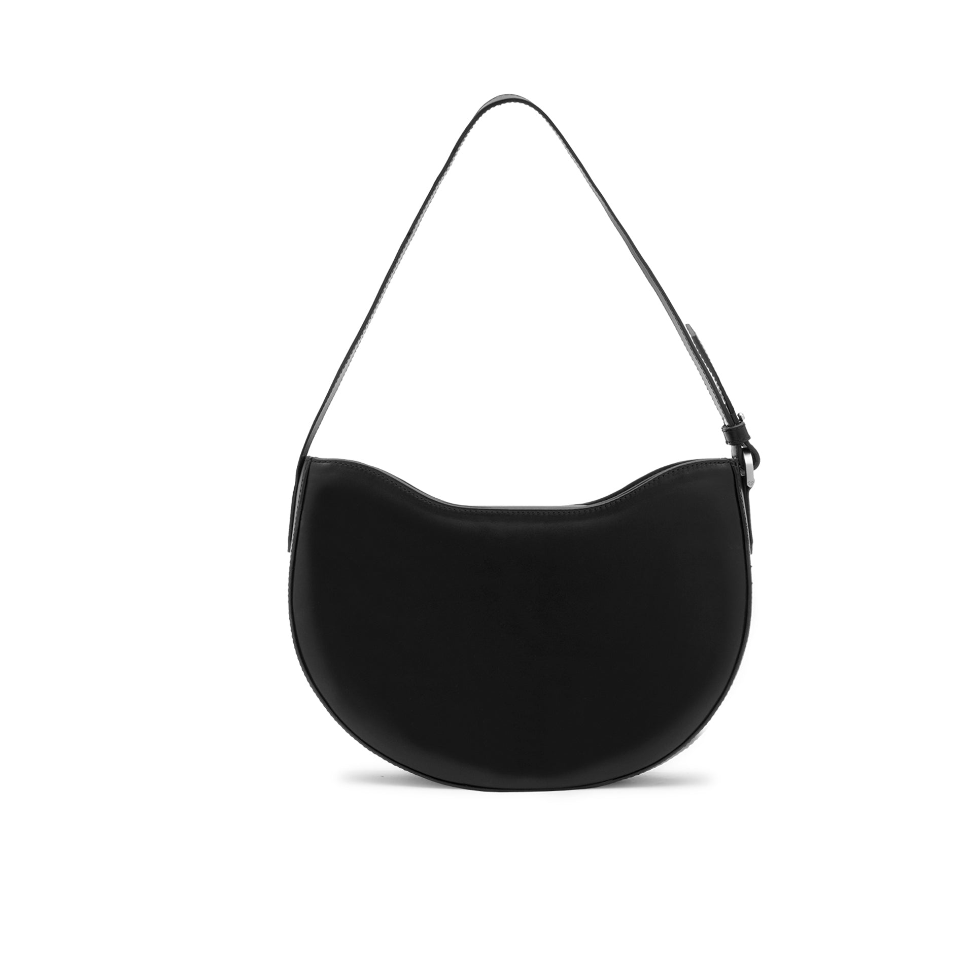 Back view of a black leather hobo bag with smooth finish and adjustable shoulder strap.