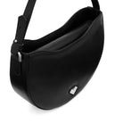 Close-up of the silver-tone MV logo detail on a smooth black leather hobo bag.