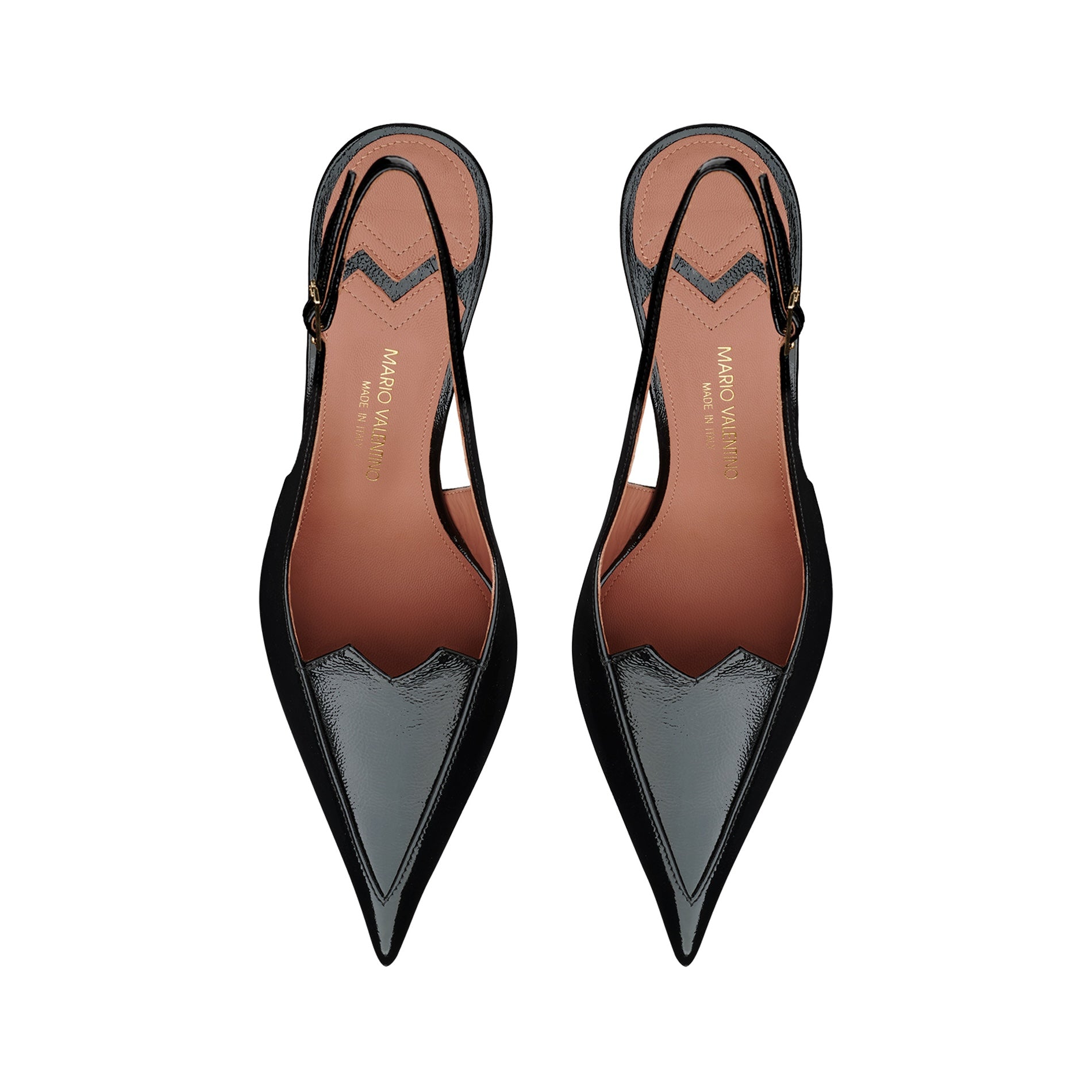 Mario Valentino black patent leather slingback pumps with pointed toe silhouette, refined kitten heel and adjustable strap. Iconic MV logo detail. Made in Italy.