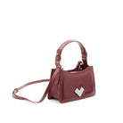 Structured burgundy leather mini bag with silver-tone metal logo, curved silhouette and adjustable leather handle. Made in Italy.
