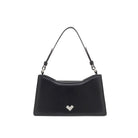 Black leather mini bag with structured silhouette, silver-tone MV logo and adjustable shoulder strap