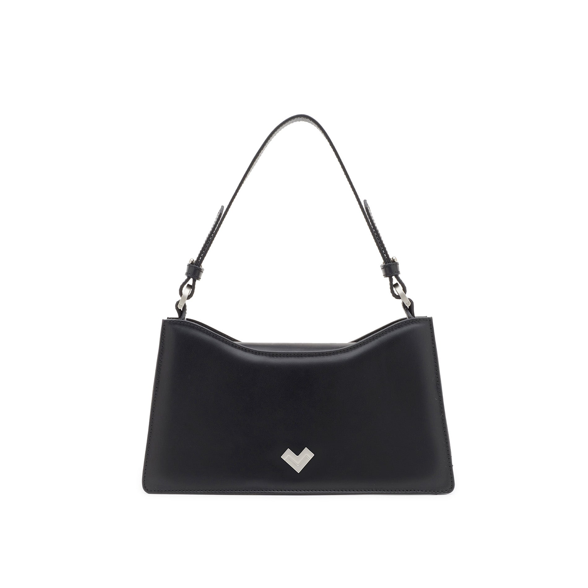 Black leather mini bag with structured silhouette, silver-tone MV logo and adjustable shoulder strap