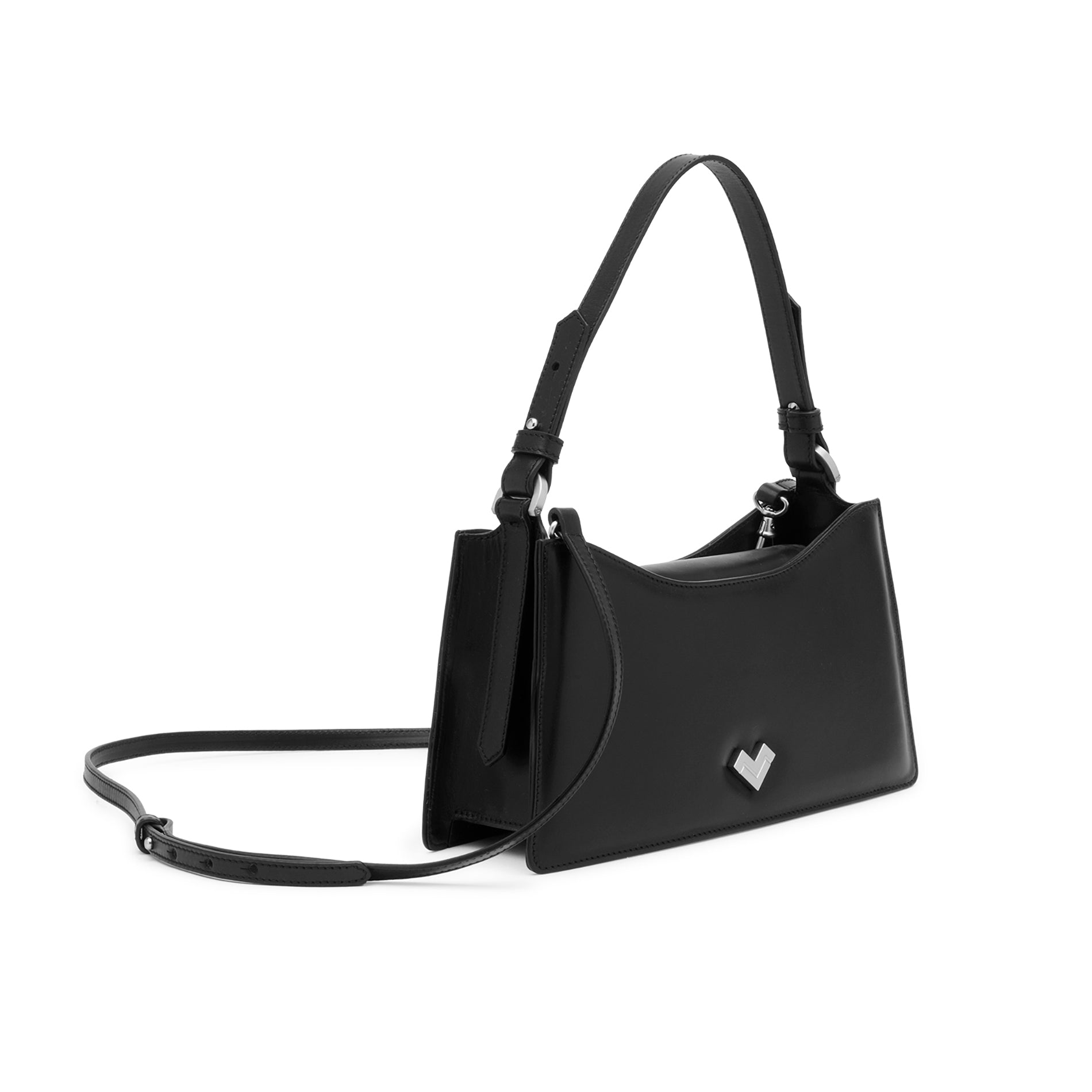 Three-quarter view of a black leather mini bag with structured profile and silver-tone metallic details.