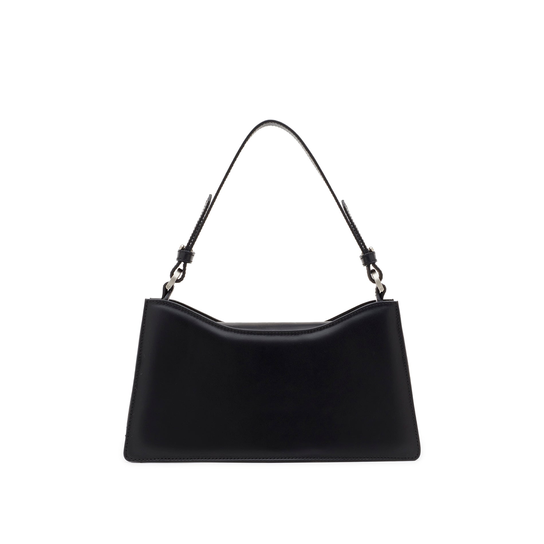 Black leather mini handbag with refined curved silhouette and detachable crossbody strap. Made in Italy.
