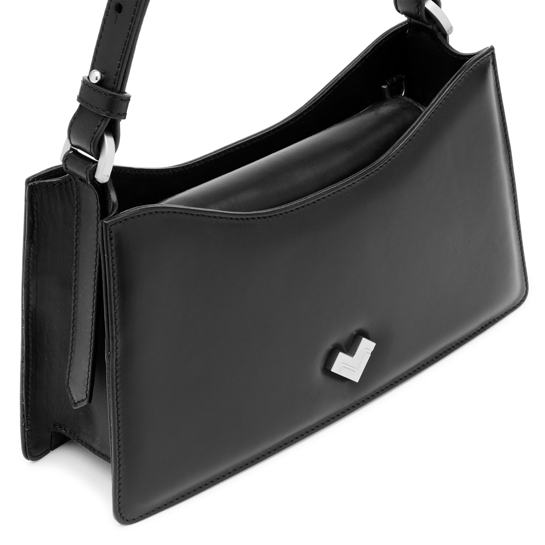 Detail view of the adjustable leather strap and silver-tone hardware on a structured black handbag.