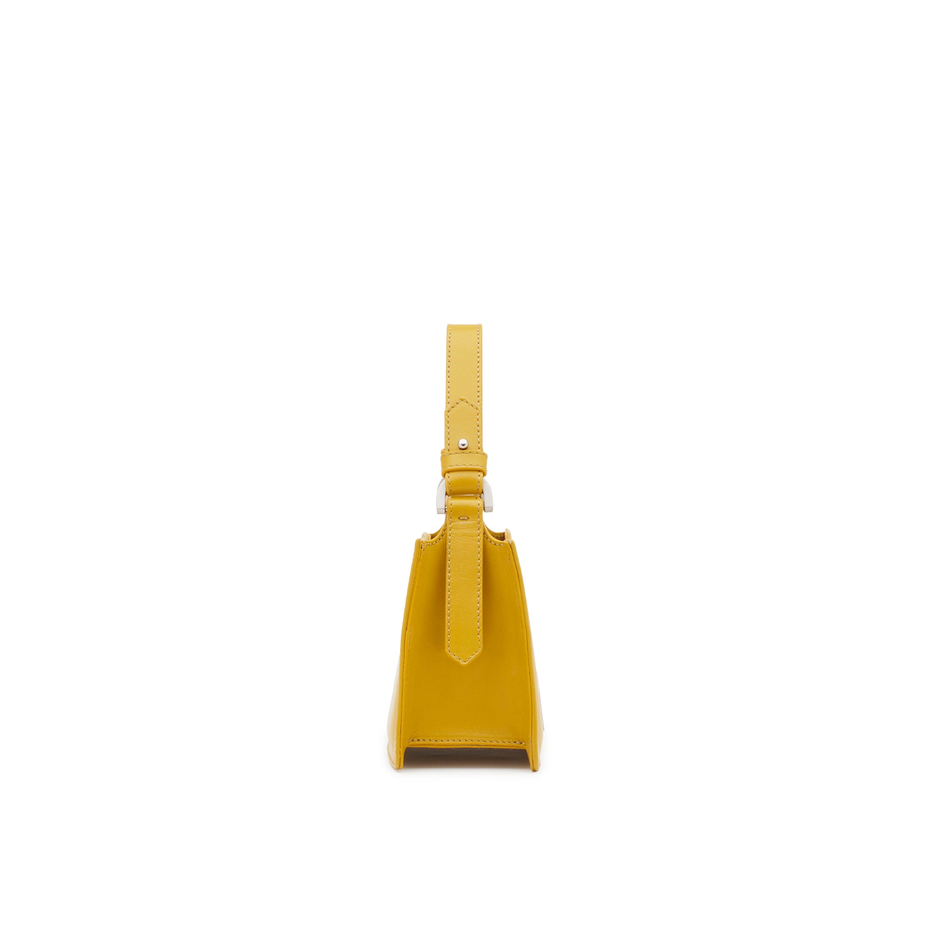 Yellow leather handbag with minimalist silhouette, magnetic closure and silver-tone details.