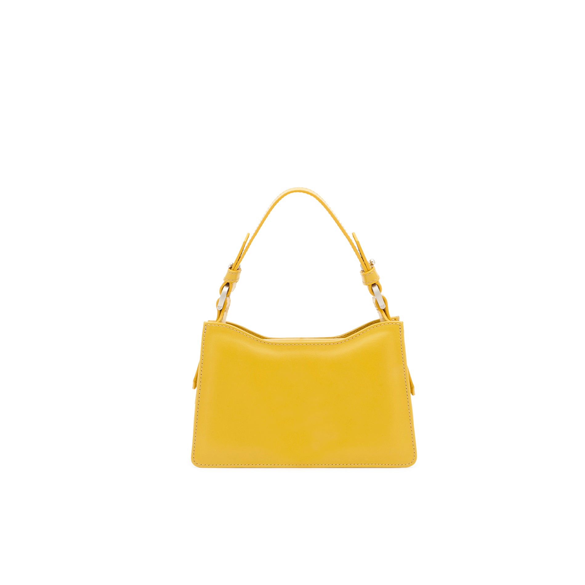Back view of a structured yellow leather mini bag with adjustable leather handle and smooth finish.