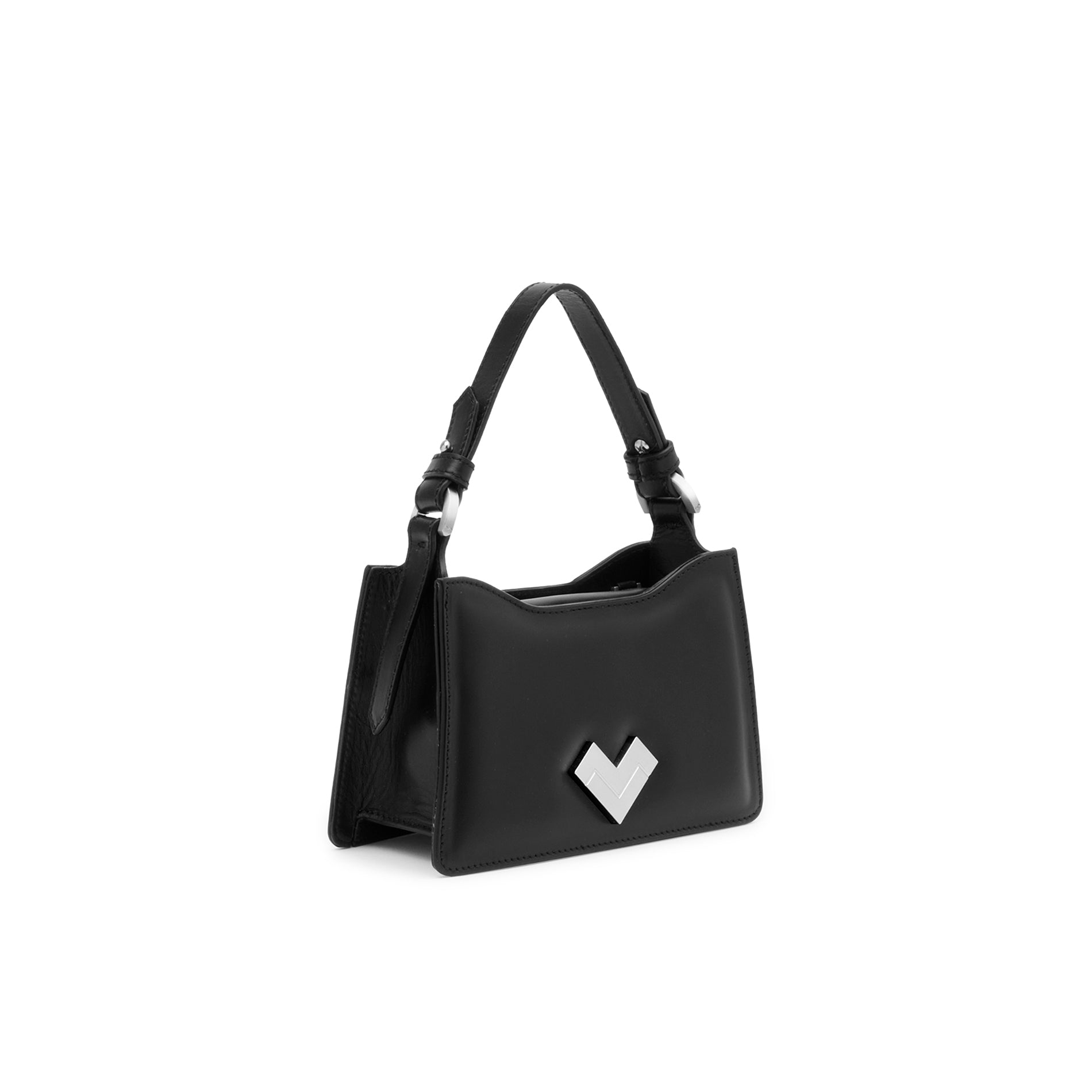 Compact black leather bag featuring a curved top edge, silver-tone hardware and minimalist design.