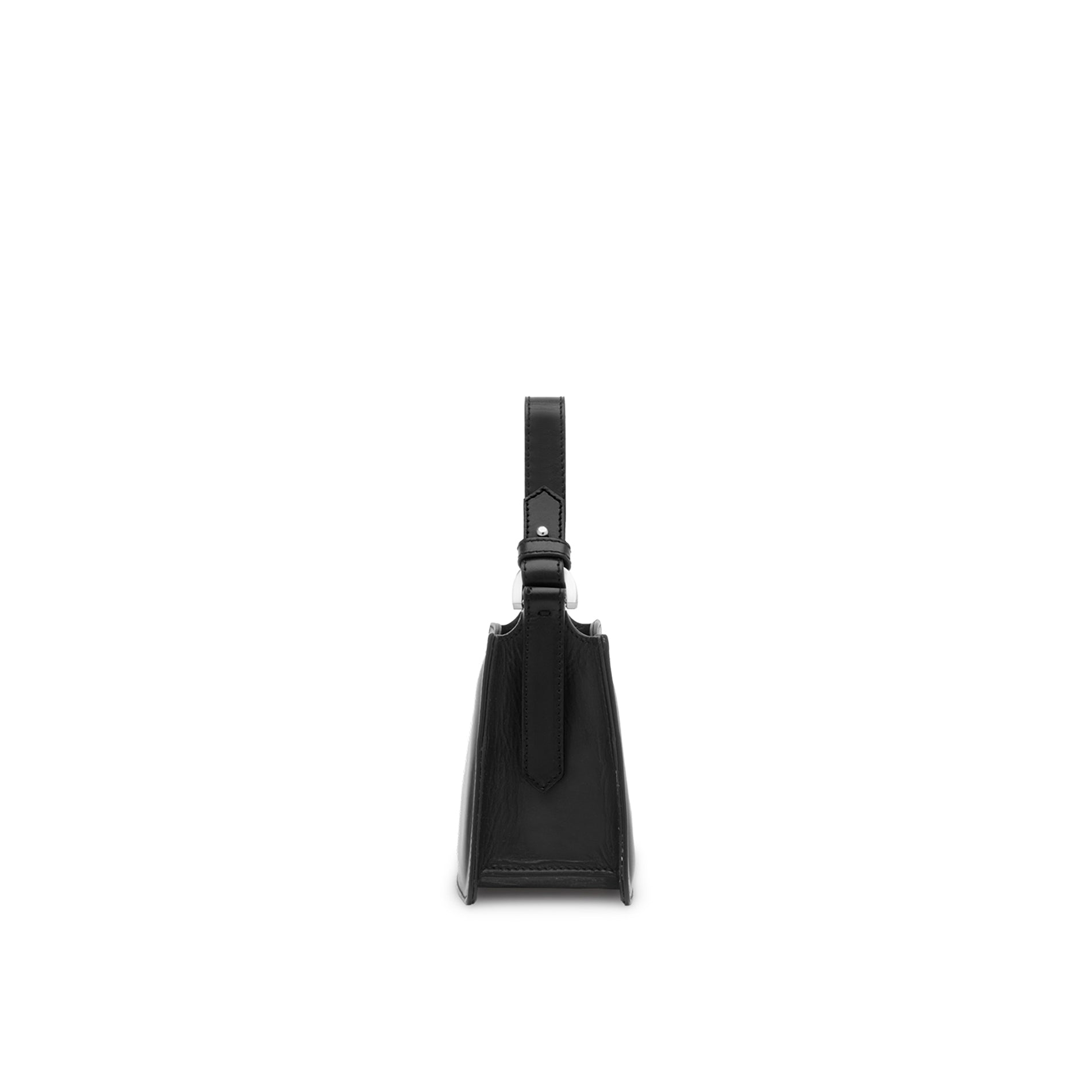 Black leather mini bag with magnetic closure, silver-tone logo and adjustable leather handle. Made in Italy.