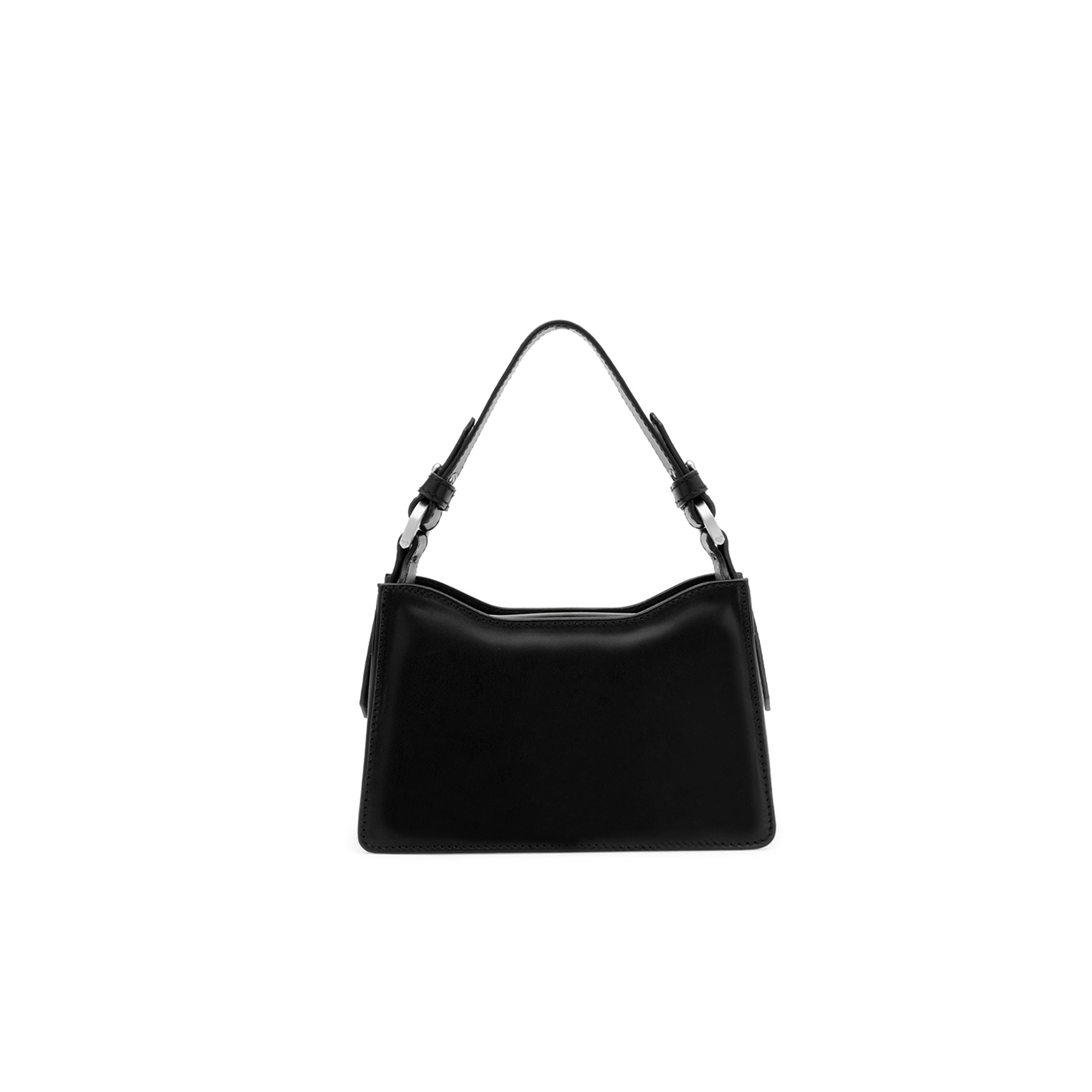 Back view of a structured black leather handbag with smooth finish and curved profile.