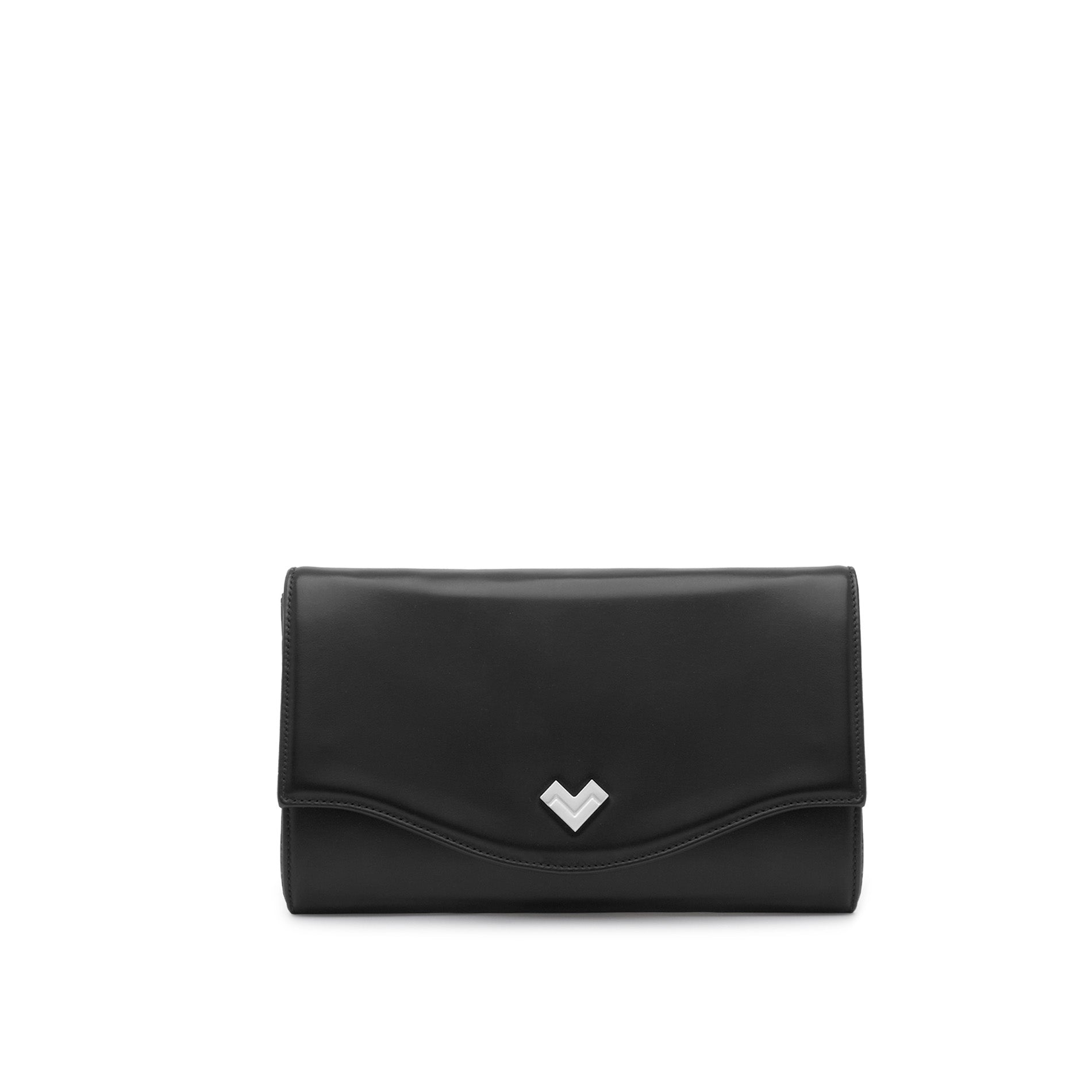 Front view of a black leather clutch bag with curved flap and silver-tone MV logo