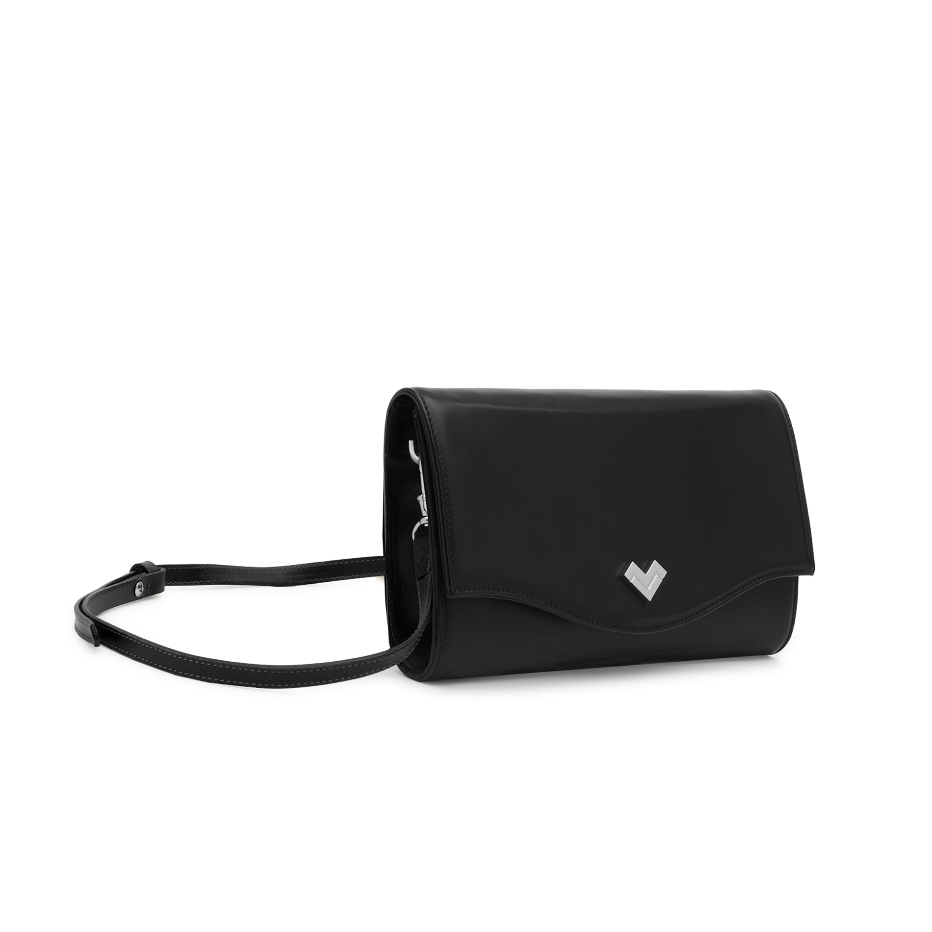 Clean lines and a structured silhouette define this Mario Valentino clutch bag in black leather with metallic logo detail. Made in Italy.