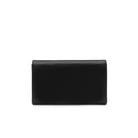 Back view of a structured black leather clutch bag with smooth finish and clean silhouette.