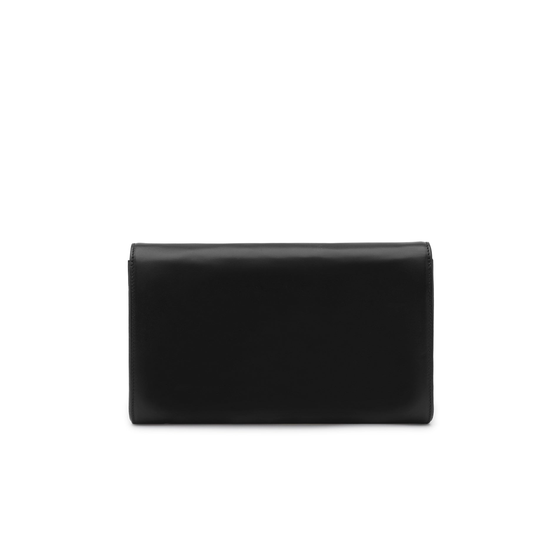 Back view of a structured black leather clutch bag with smooth finish and clean silhouette.