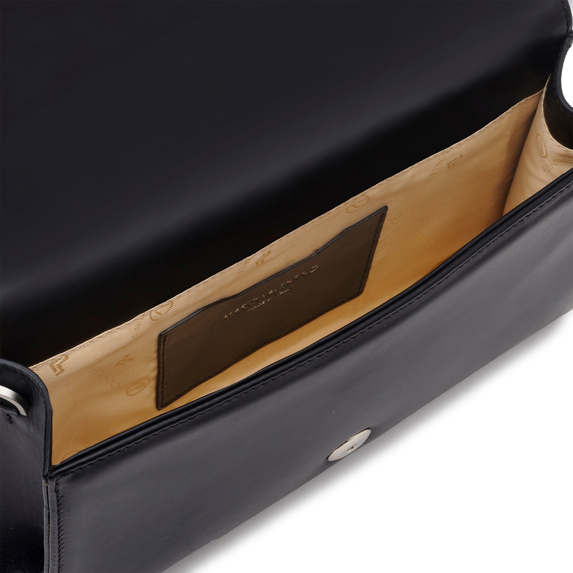 Interior view of a black leather clutch bag with logoed nylon lining and internal leather pocket.