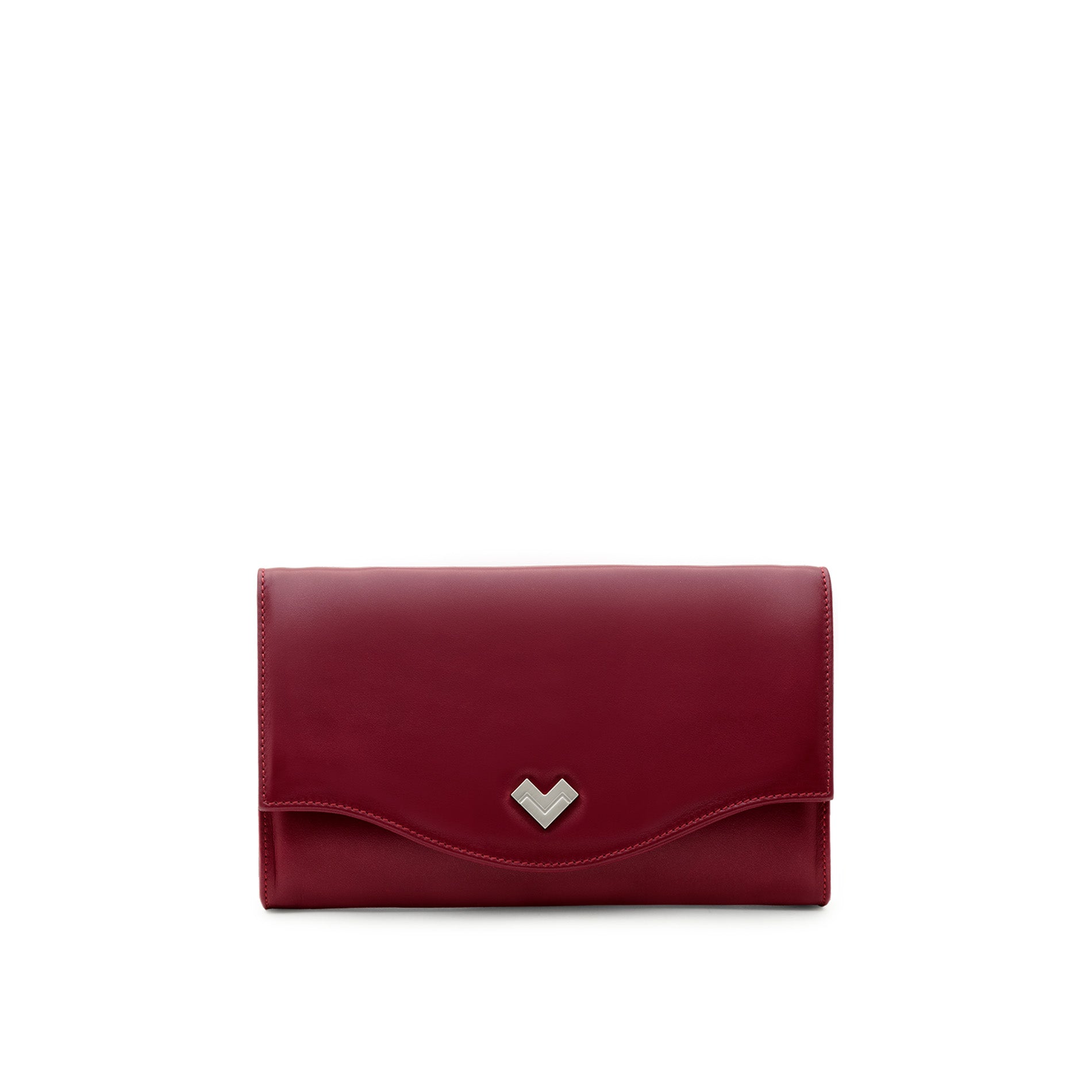 Front view of a burgundy leather clutch bag with curved flap and silver-tone MV logo