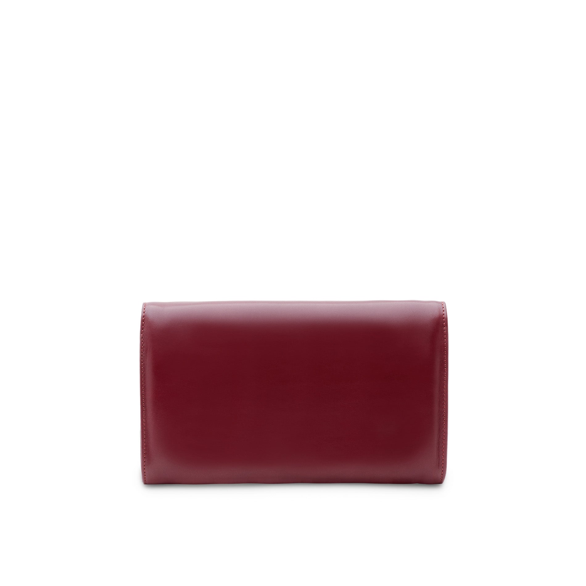 Back view of a structured burgundy leather clutch bag with smooth finish and clean silhouette.