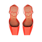 Top view of Kara sandals in coral red patent leather, highlighting square toe, signature open-work detail and Mario Valentino logo on the insole