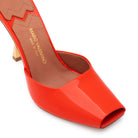 Mario Valentino Kara open-toe sandals in coral red patent leather with leather sole embossed with the iconic logo. Made in Italy