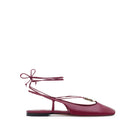 Mario Valentino burgundy kidskin leather slingback ballet flats, featuring lace-up ankle tie and signature ethnic-inspired gold embellishment
