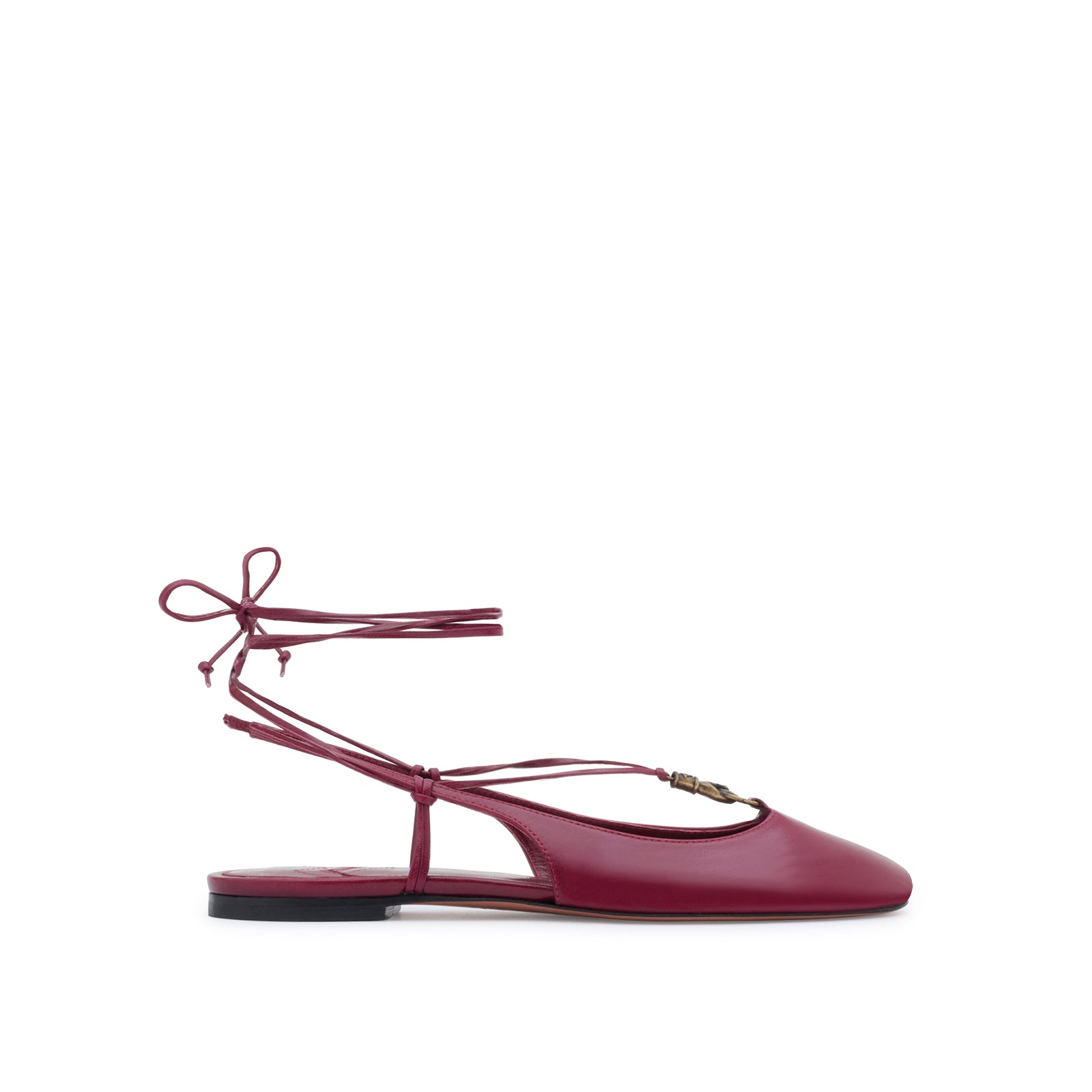 Mario Valentino burgundy kidskin leather slingback ballet flats, featuring lace-up ankle tie and signature ethnic-inspired gold embellishment
