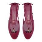 Mario Valentino burgundy soft kidskin leather slingback ballet flats, 15mm heel, leather sole, featuring lace-up ankle tie and signature ethnic-inspired gold embellishment. Made in Italy