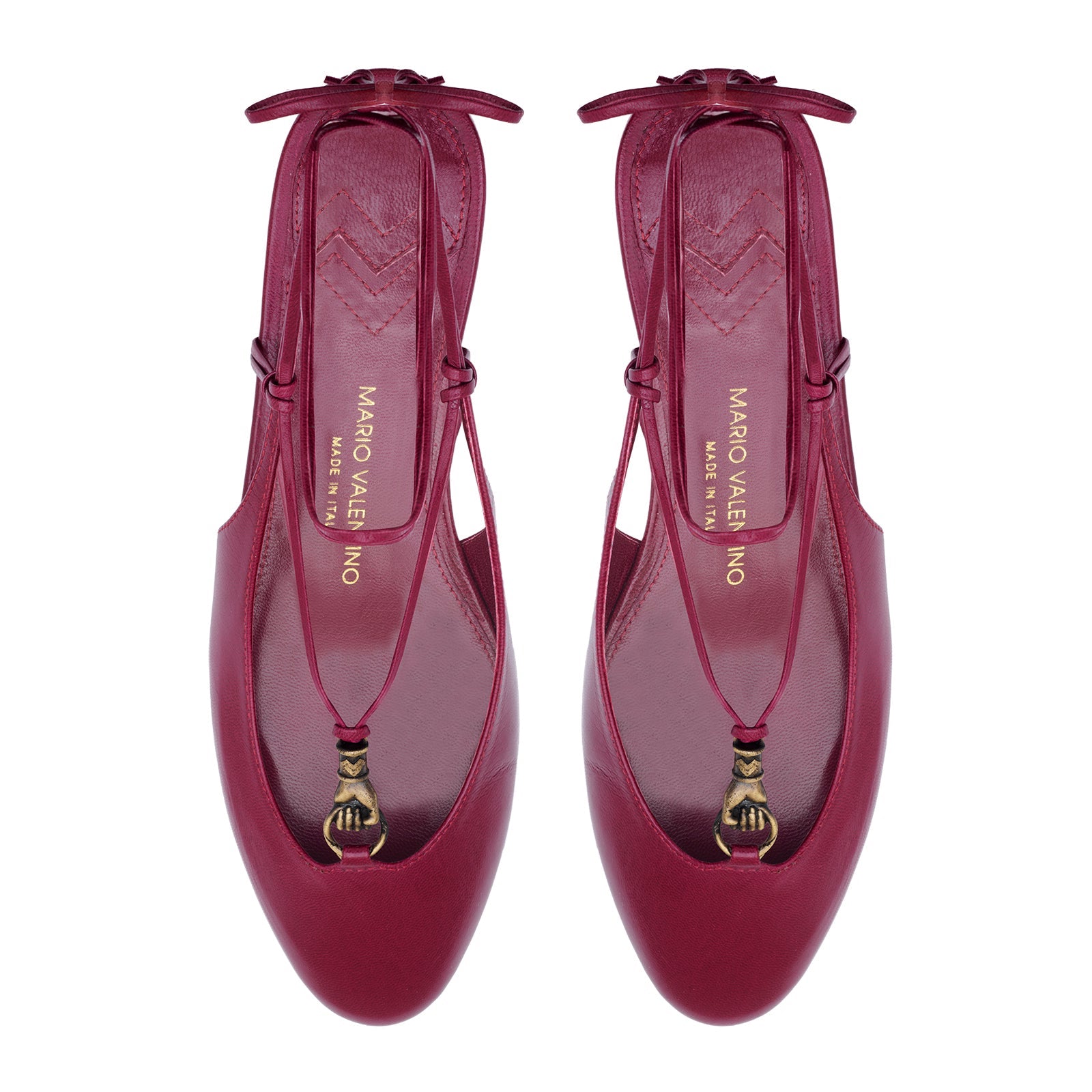 Mario Valentino burgundy soft kidskin leather slingback ballet flats, 15mm heel, leather sole, featuring lace-up ankle tie and signature ethnic-inspired gold embellishment. Made in Italy