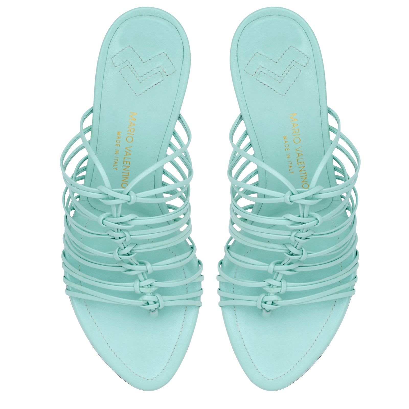 Mario Valentino Shyla leather mules in mint green with mid-high stiletto heel. Made in Italy
