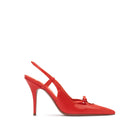 Mario Valentino Cindy lobster orange patent leather slingback pump with pointed toe and bow detail, side view