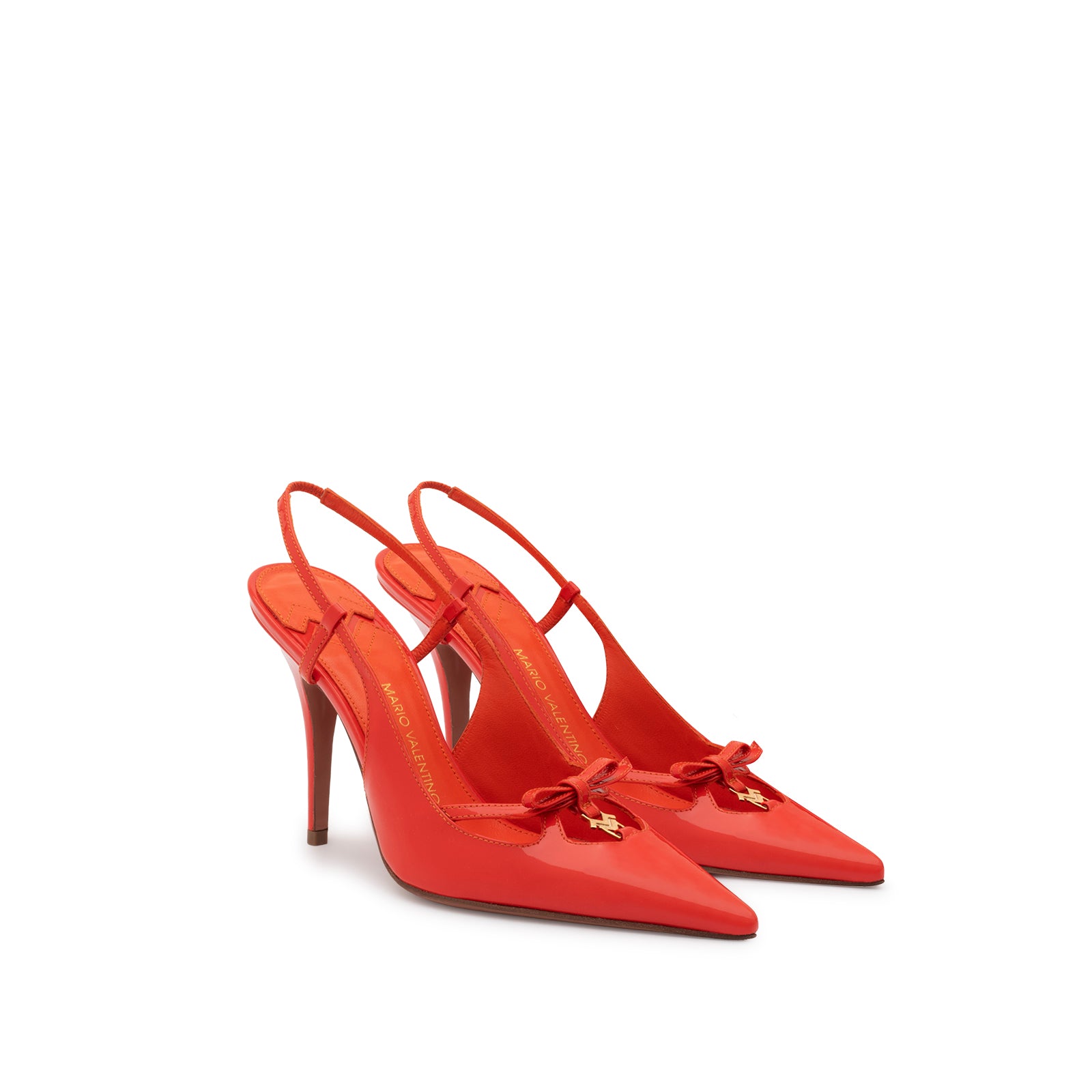 Mario Valentino Cindy lobster orange patent leather slingback pump with pointed toe, bow detail and ankle strap, three-quarter view