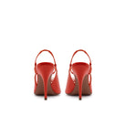 Mario Valentino Cindy lobster orange patent leather slingback with ankle strap and bow detail, back view