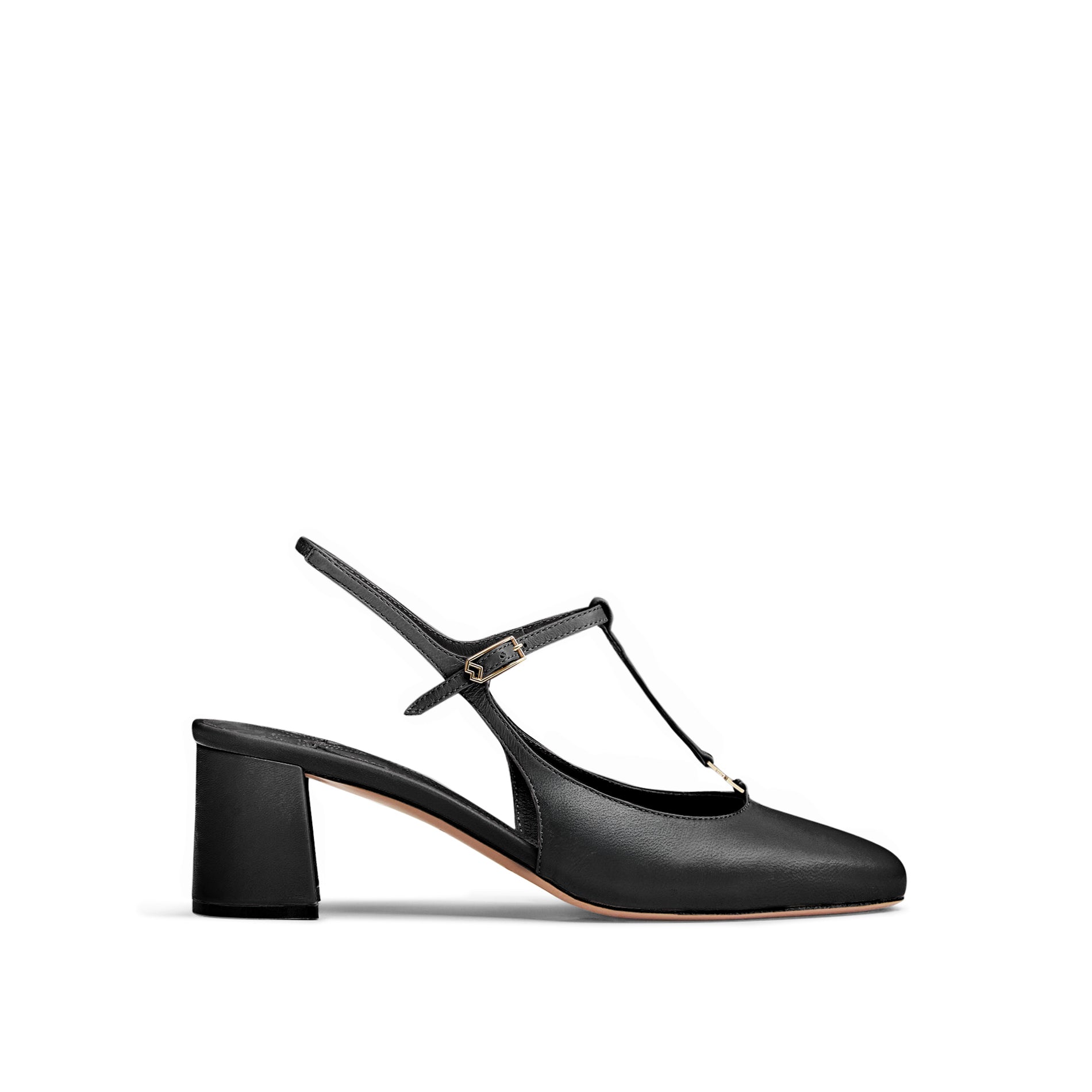 Mario Valentino black leather slingback with block heel, side view